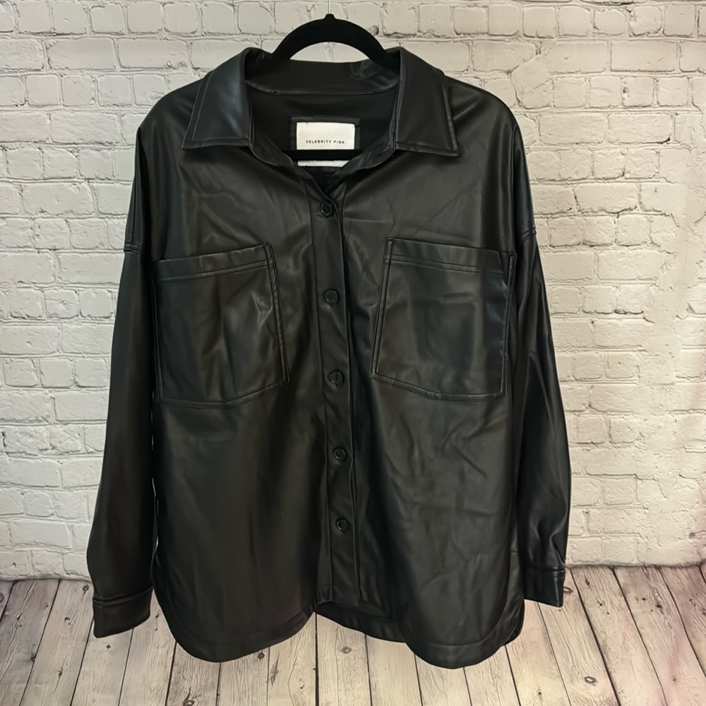 Celebrity Pink Black Faux Leather Button Up Shacket